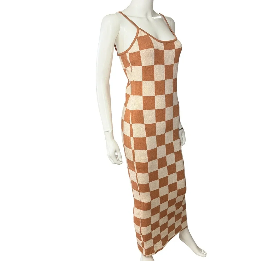 Checkered Maxi Dress M Retro Y2K 70s Brown Cream Bodycon Knit Vintage Inspired - Picture 2 of 9